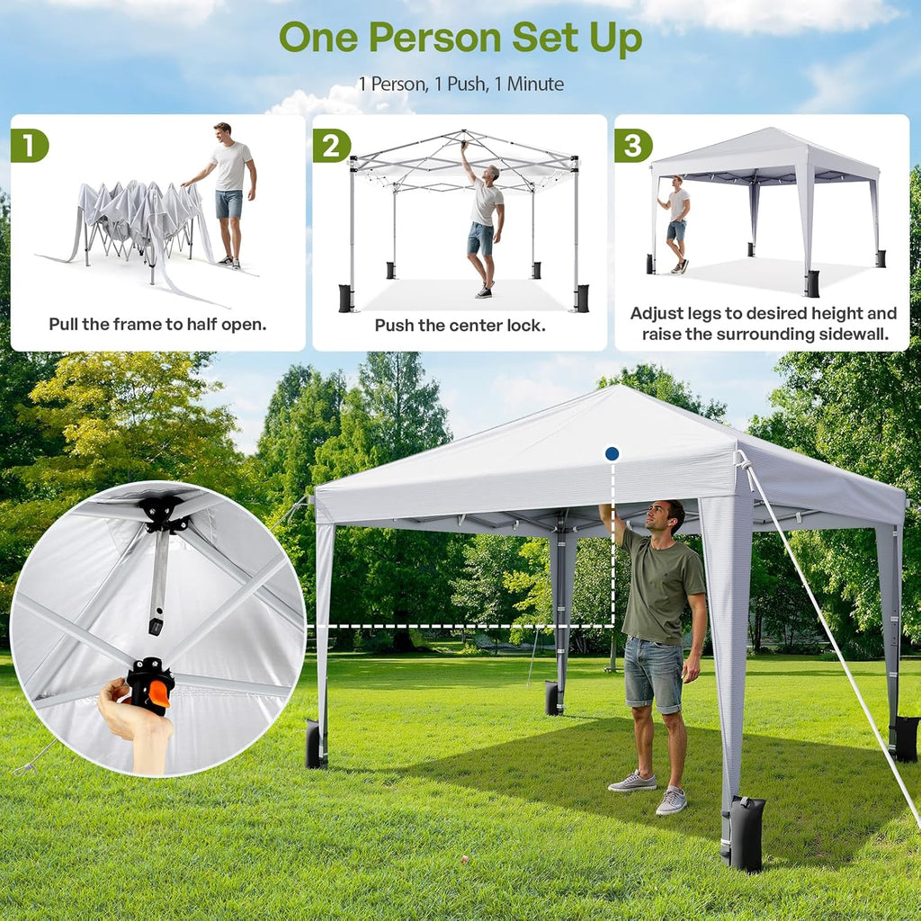 10x10 Pop Up Canopy with Sidewalls, Outdoor Instant Canopy Tent with Carry Bag Events, Camping, Backyard Parties - White