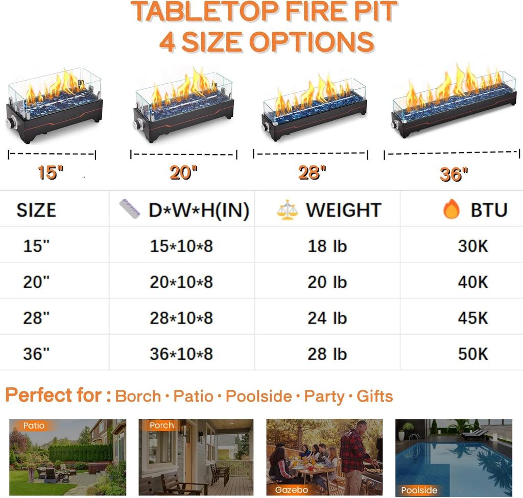 Tabletop Fire Pit,36 Inch Propane Fire Pit Table,50000 BTU Table Top Firepit with Glass Wind Guard