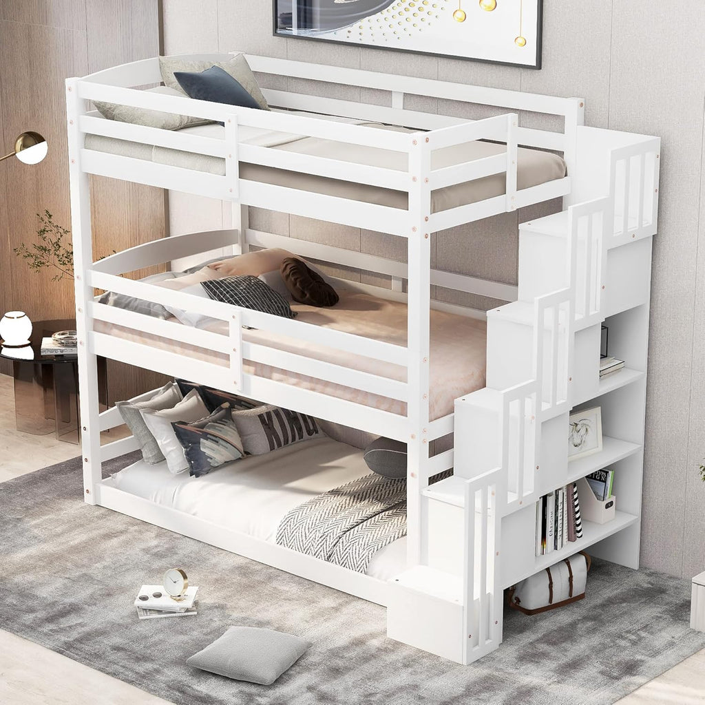 Solid Wood Triple Bunk Bed Twin with Storage Stairs and Shelves for Saving Space, Can Bed Separated Into 2 Beds
