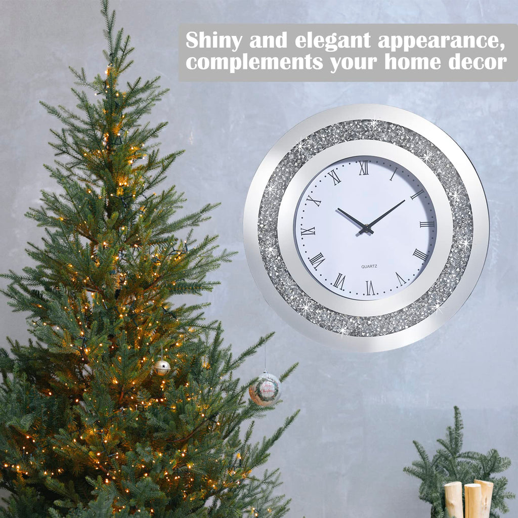 Large Crystal Wall Clock, 15.8" Silver Round Diamond Glass Clock