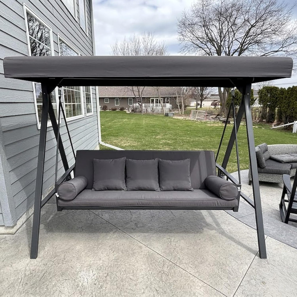 Swing Bed Outdoor Swing 3-Seat Aluminum Adjustable Canopy, Gray | Convertible Swing Bed, Heavy Duty for Adults