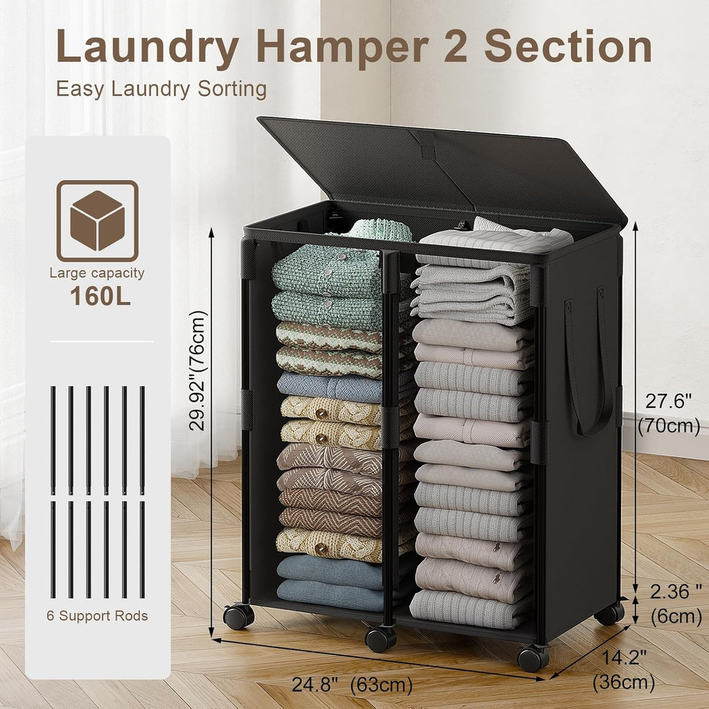 160L Double Laundry Hamper with Lid and 6 Wheels, Rolling Laundry Basket | Metal Frame Laundry Sorter 2 Section with