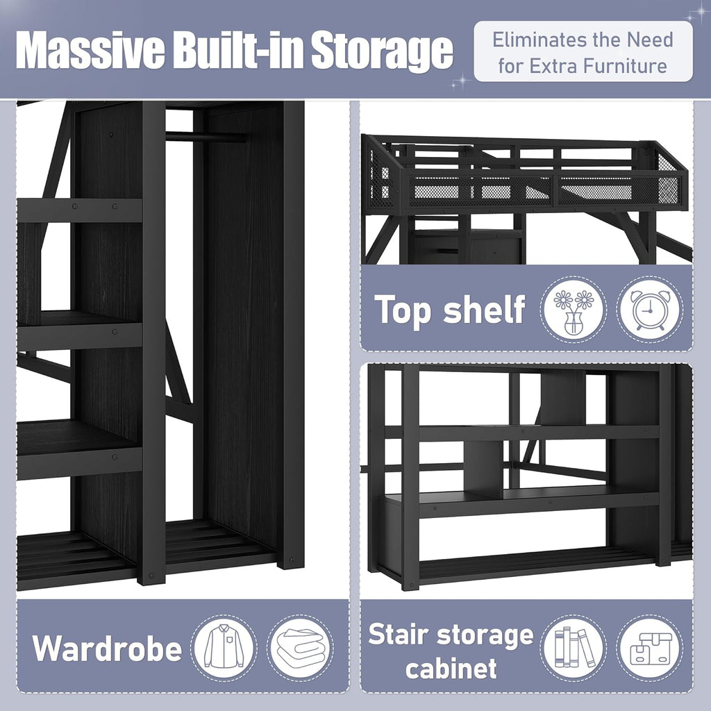 Queen Loft Bed Frame with Storage Stairs, Beside Shelf & Wardrobe, Metal Queen Loft Bed with LED Light & USB Ports
