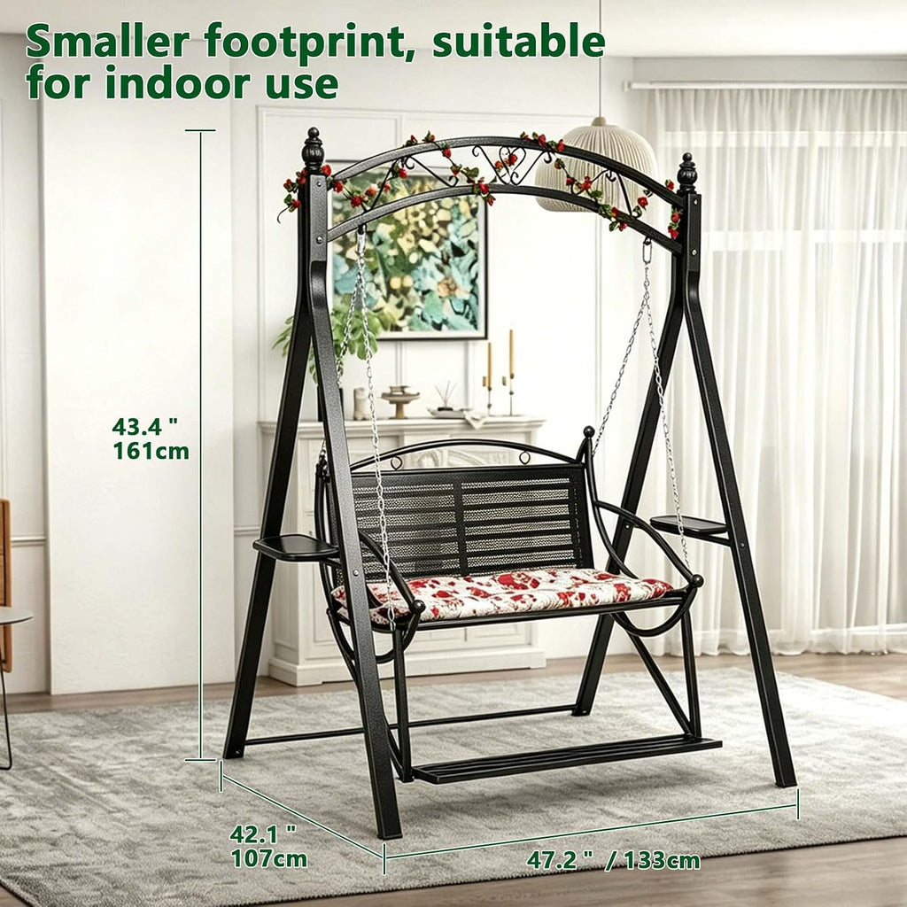 Upgraded Patio Swing with Canopy & A‐Frame Stand - Heavy Duty Outdoor Swing for Adults, Wicker Porch Swing Chair with