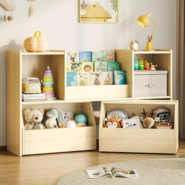 Solid Wood Kids Bookshelf and Toy Storage Organizer, 3-in-1 Montessori Bookcase with Storage Cubbies and 2 Rolling