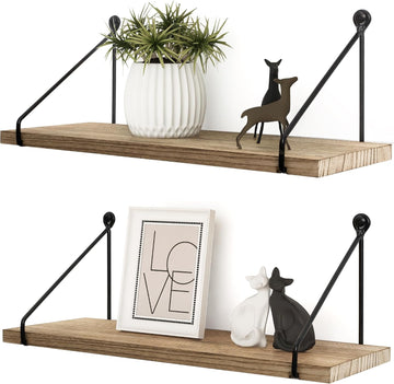 Rustic Floating Shelves for Wall, Wood Shelf with Brackets, Set of 2 | Solid Wood and Metal, Hanging Bookshelf