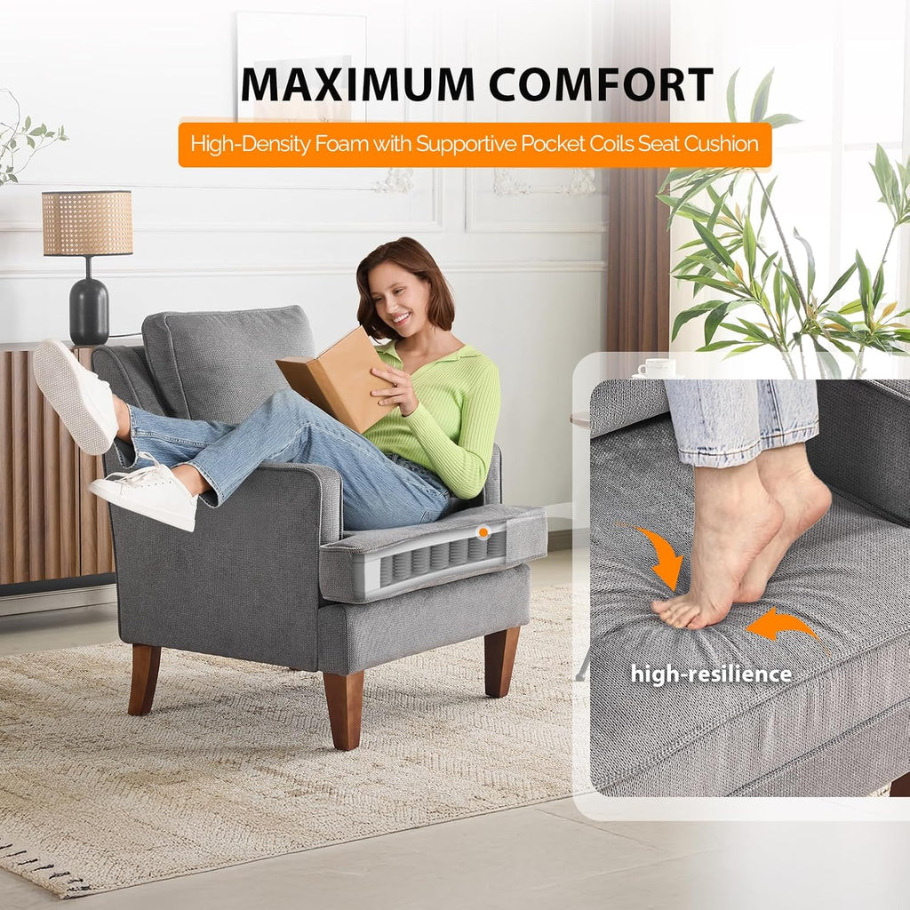 Mid-Century Modern Accent Chair, Light Grey Upholstered Armchair Comfy Sofa Chair Reading Chair High Back Bedroom