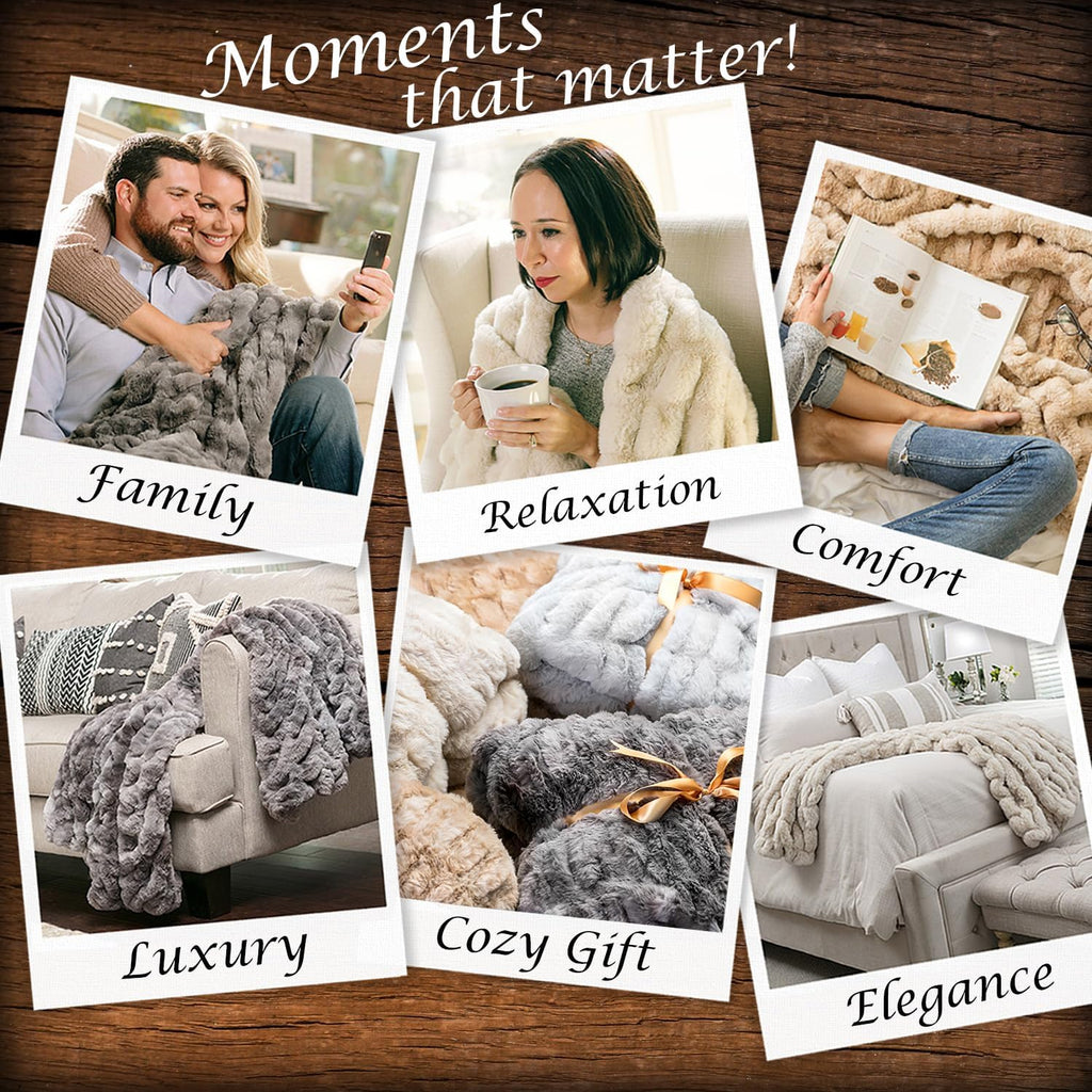 Premium Ruched Faux Fur Throw Blanket - Luxurious, Soft Reversible Mink Blanket - 108" x 86" (King Size) - Dark Gray