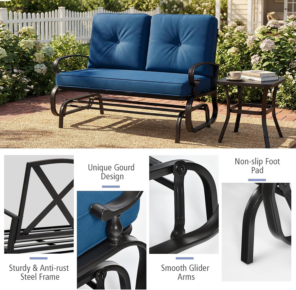 Outdoor Glider Bench, Patio 2 Person Loveseat with Removable Cushion, Thick Padded Seat, Stable Steel Frame, Outside