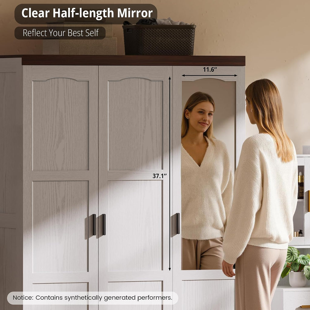 3-Door Armoire Wardrobe Closet with Mirror and 2 Hanging Rods | Long & Short Hanging Zones / 3 Shelf Levels /