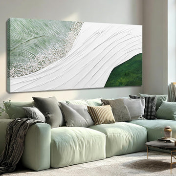 Contemporary Abstract Nature-Inspired Canvas Wall Art with White Flowing Lines and Green Accents, Minimalist Textured