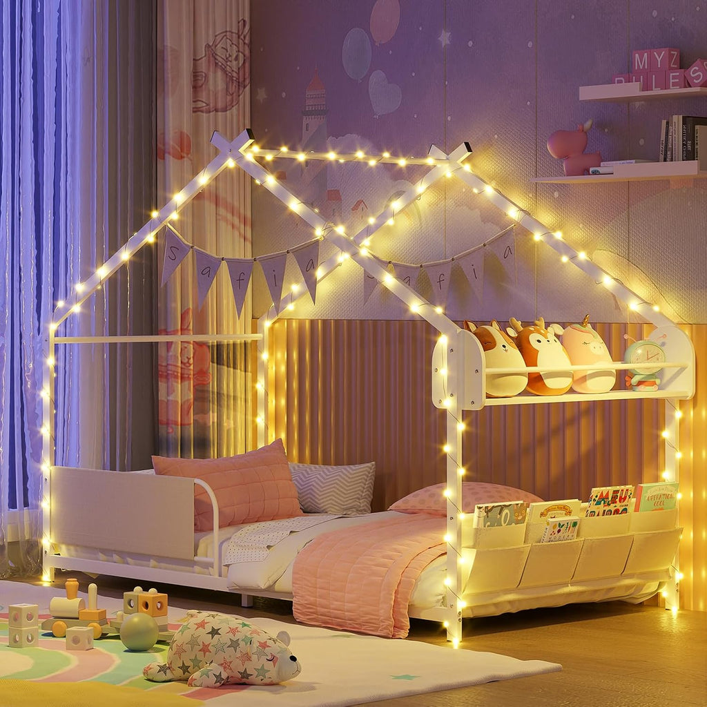 Twin Size House Bed with Storage Rack and Caddy | Montessori House Shape Bed Metal Floor Bedframe for Kids No Box