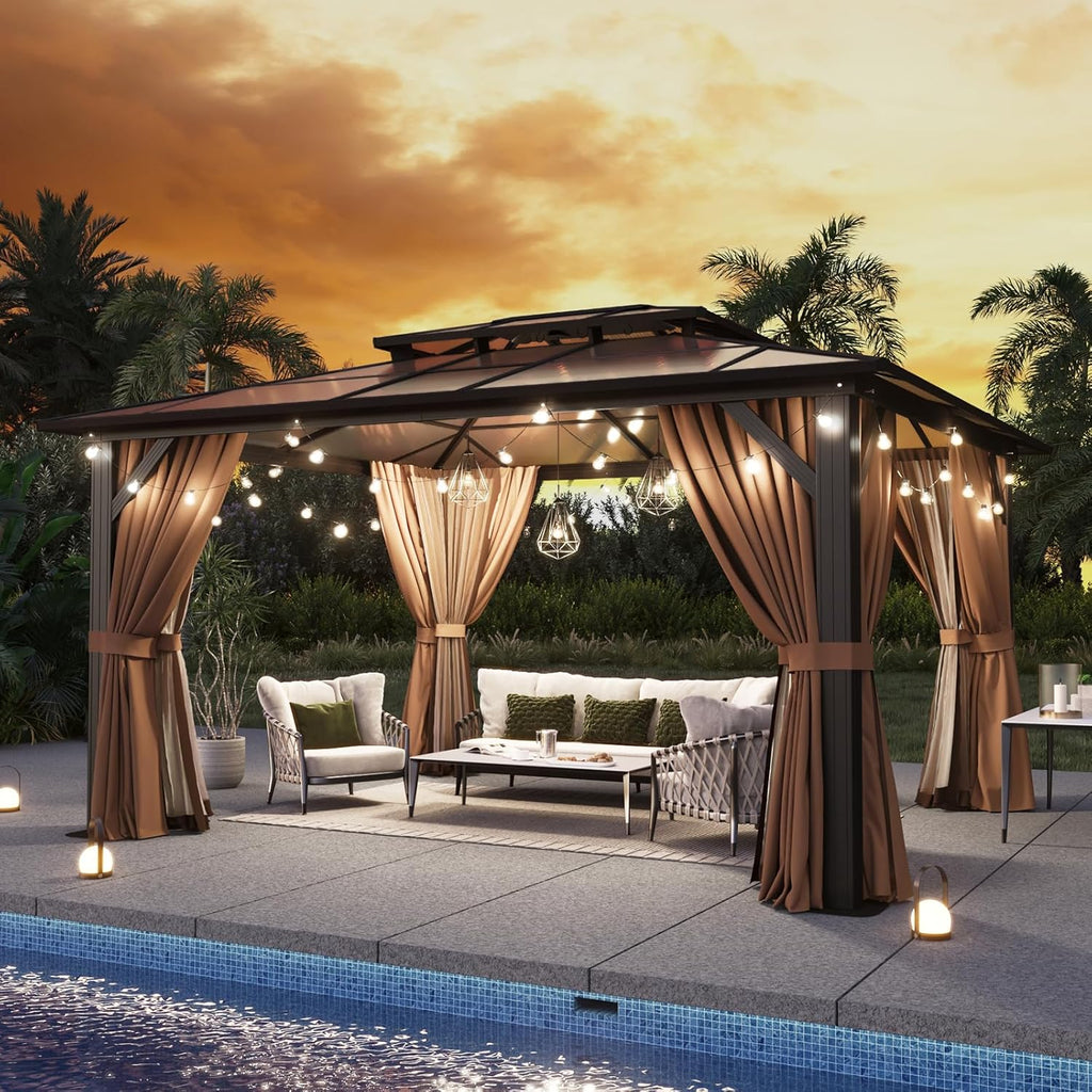 12'x10' Hardtop Gazebo, Aluminum Frame Permanent Pavilion with Curtains and Netting