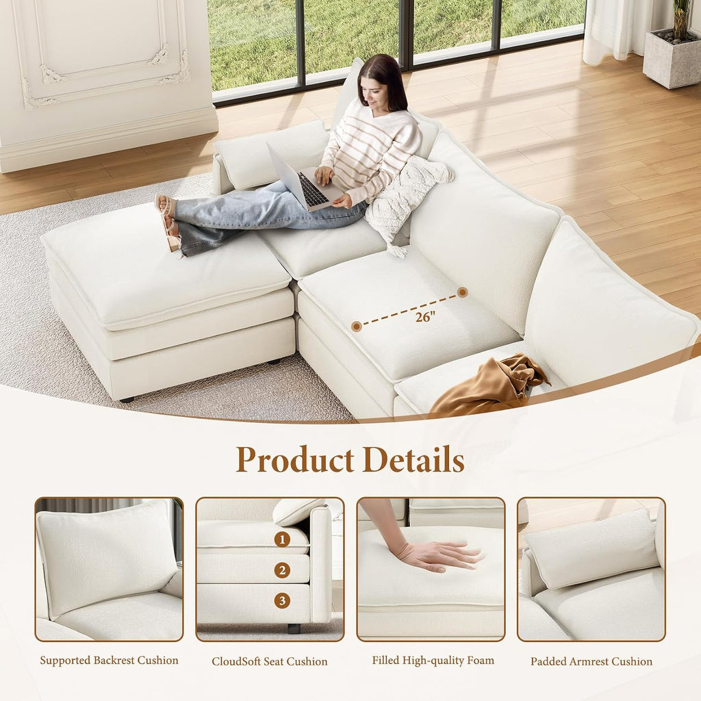 108" Modular Sectional Sofa, Comfy Cloud Couch with Movable Ottoman Deep Seat Chenille L Shaped Modular Sofa