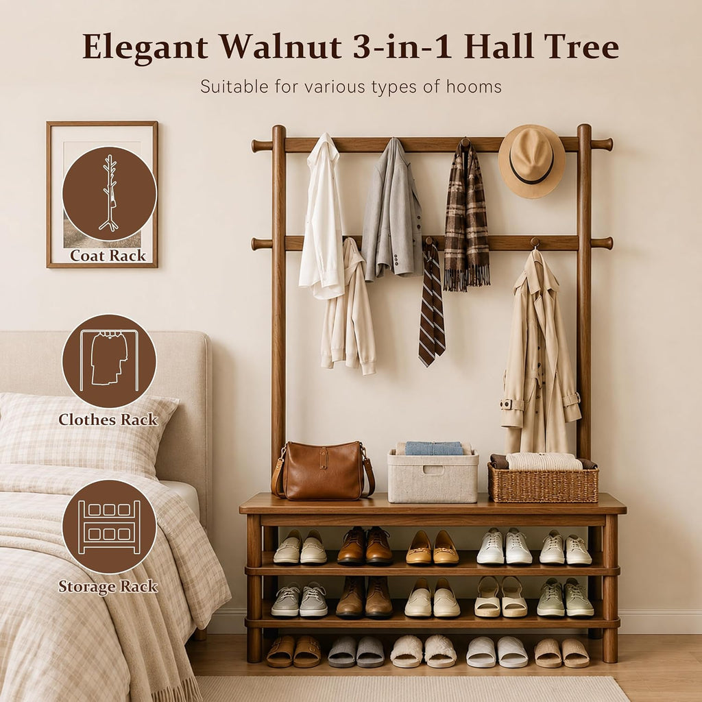 Hall Tree with Shoe Storage Bench, 3-in-1 Entryway Coat Rack with Bench, 11 Hooks, Freestanding Wooden Entryway