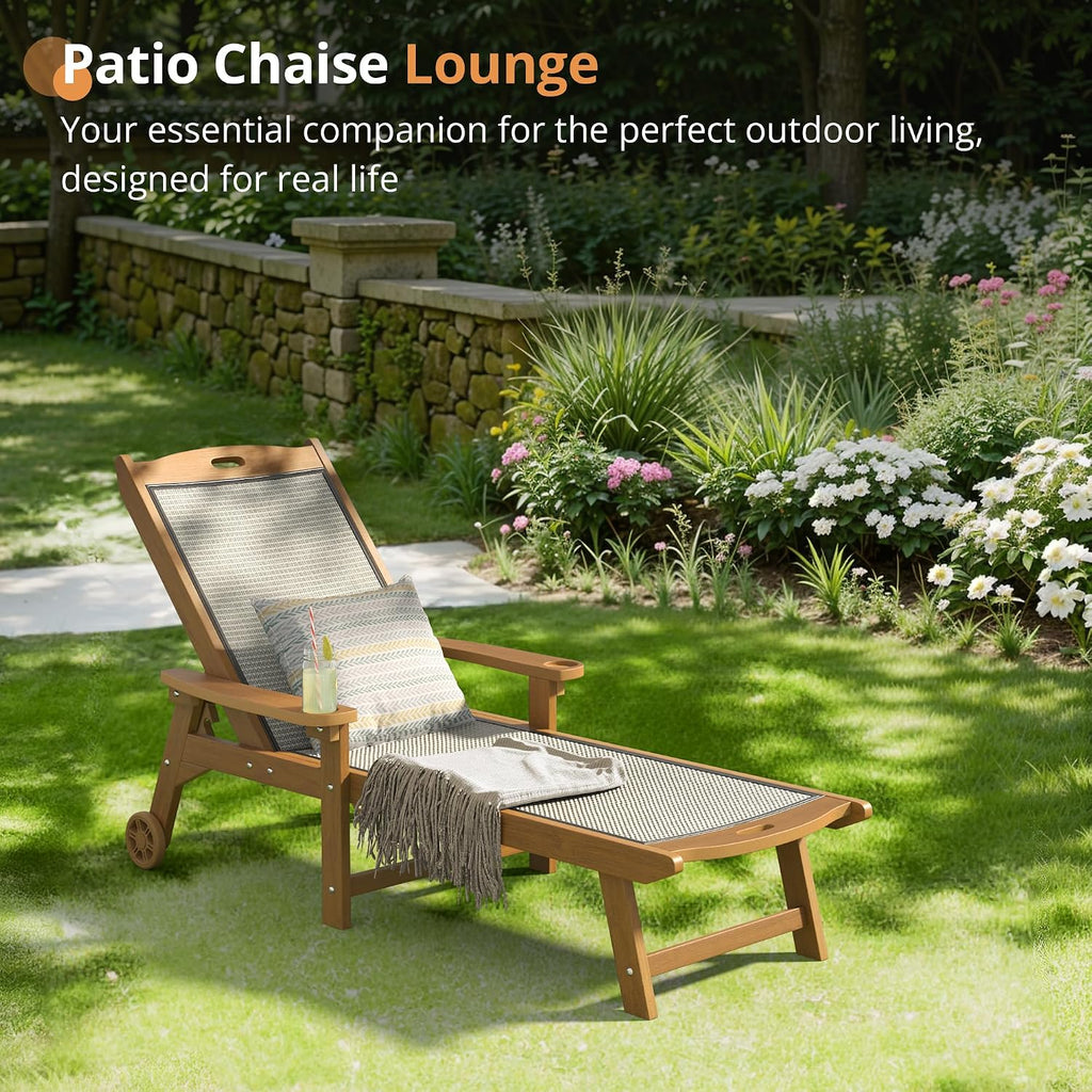 Chaise Lounge Chair, HDPS & HDPE Wicker Material | adjustable backrest wide armrests, cup holders and rotating