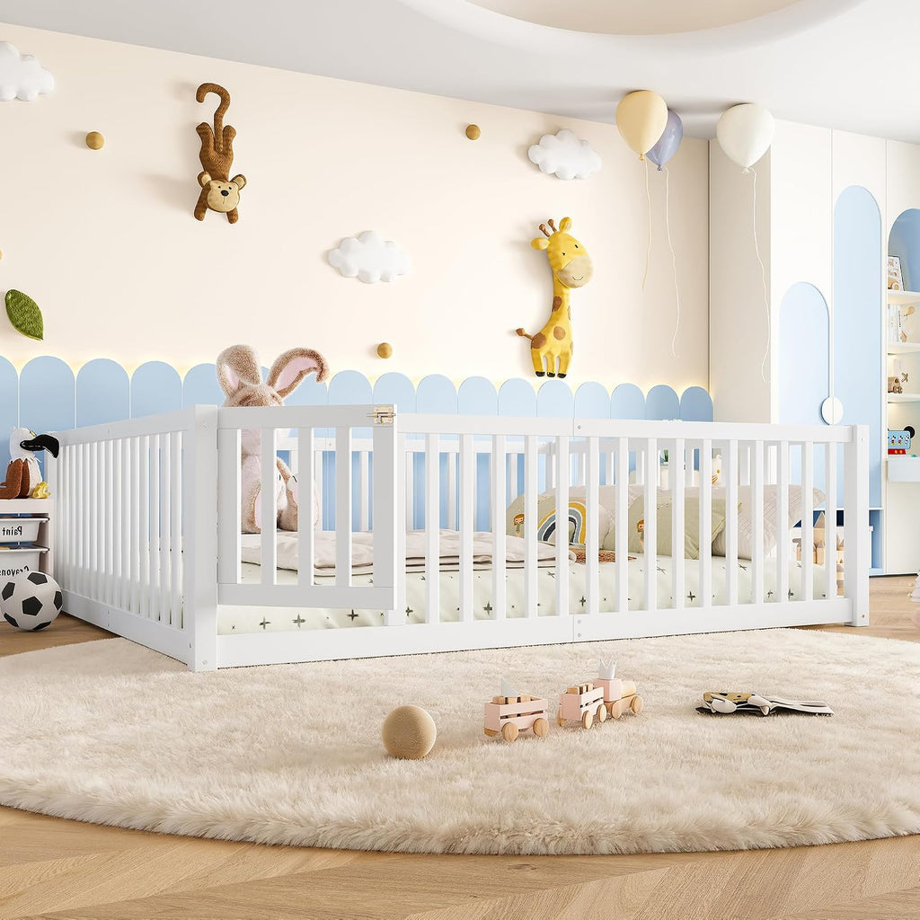 Queen Size Kids Montessori Floor Bed with Door,Solid Wood Floor Bed Frame with High Fence for Girls,Boys,White