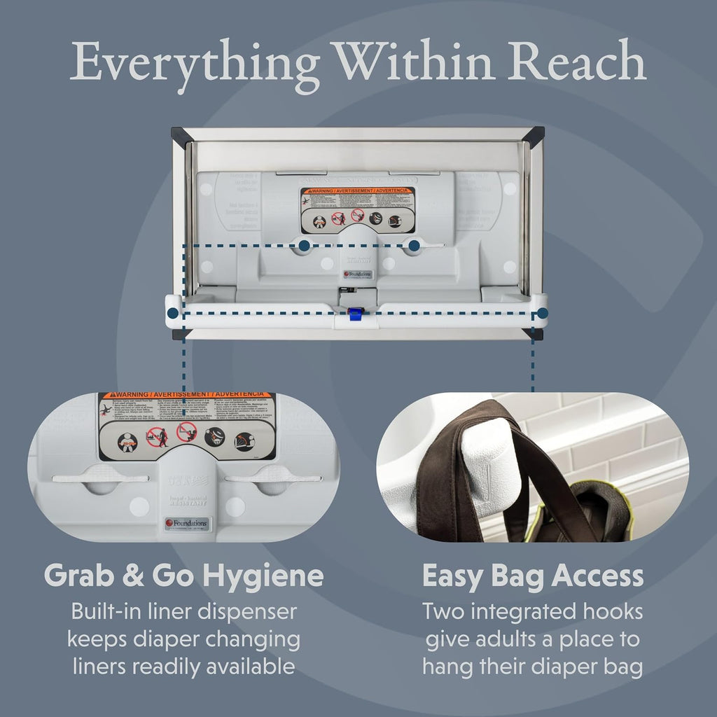 Origin Recessed Changing Station, Stainless Frame, Stainless/Gray | Built-in recessed HDPE table, stainless housing;