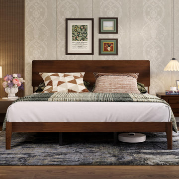 King Size Bed Frame with 3-Level Adjustable Storage Headboard, Solid Wood Platform Bed Frame with Slats, No Box
