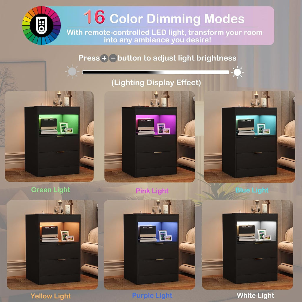 Night Stand, Black Nightstand, LED Nightstand with Charging Station, Modern Night Stand, Bedside Table, Wood Sofa