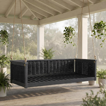 79.5in Acacia Wood Porch Swing Bed, Rattan Hanging Outdoor Daybed, Black | Hand-Woven Rattan And Acacia Wood Frame;