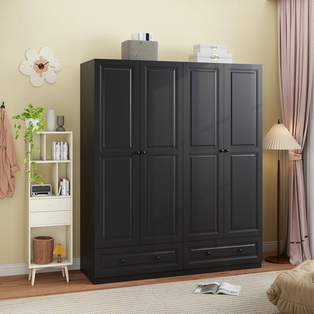 Armoire Wardrobe Closet with Drawers: 74" Black Wardrobe Closet with 4 Doors, Bedroom Armoires with 2 Drawers, Wood