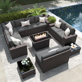 13 Pieces Outdoor Patio Furniture Set with 44" Fire Pit Table Brown Rattan Sectional Sofa Conversation Sets