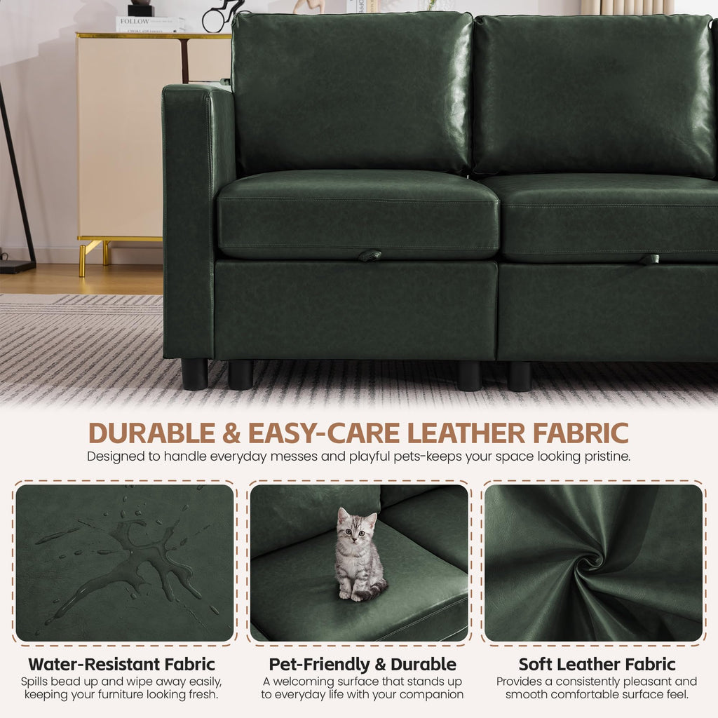 25" Faux Leather Square Storage Ottoman for Modular Sectional Sofa, Green