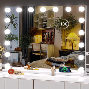 32" x24” Hollywood Vanity Mirror with Lights - Makeup Mirror with 17 Dimmable LED Bulbs, 10X Magnification, Touch