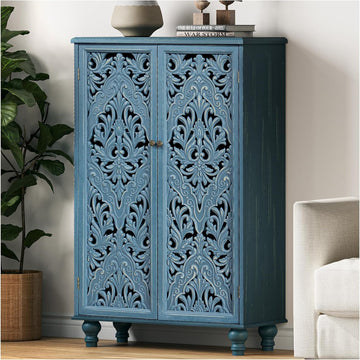 47" Tall Accent Cabinet with Carved Doors & Storage | Vertical Storage , Carved Floral Design, Farmhouse & Rustic