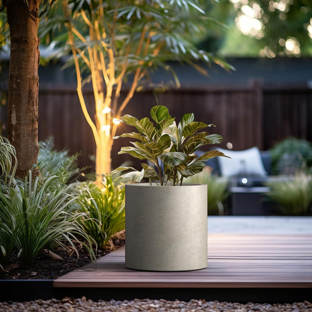 Large Round Cylinder Weathered Concrete Planter 15.8" Tall, Outdoor | Rubber Plug for Indoor, Drainage for Garden