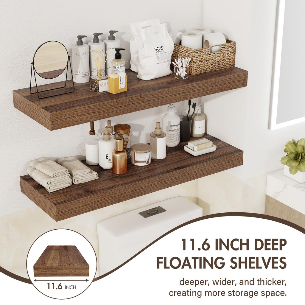 24 Inch Floating Shelves, 12" Deep Floating Shelf Wall Mounted, 24" Wall Shelves, Rustic Deep Bookshelf, Extra Deeper