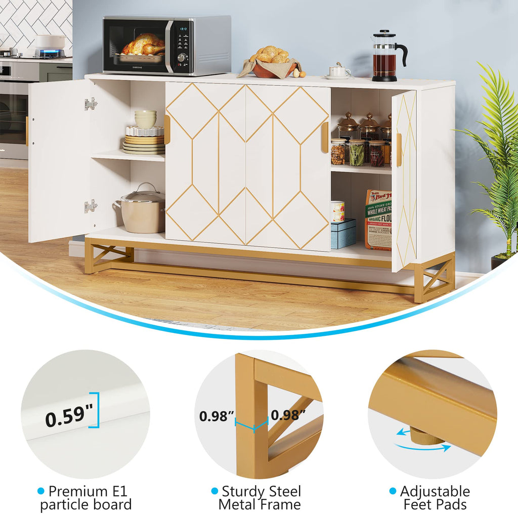 59" White Gold Buffet Cabinet with Storage Kitchen Sideboard Storage Cabinet
