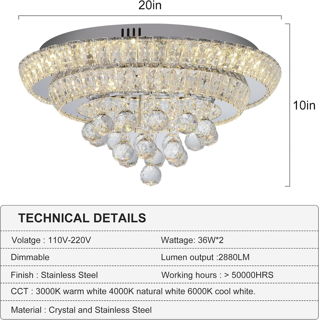 Elegant LED Crystal Raindrop Ceiling Light,20" Flush Mount Chandelier Light Fixture with Remote Control for Living