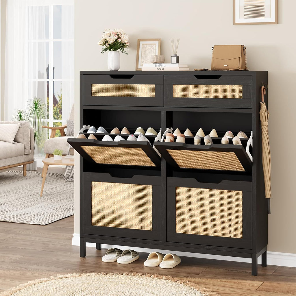 Rattan Shoe Cabinet , Boho Shoe Storage Cabinet with 4 Flip Drawers and 2 Drawers, Narrow Freestanding Shoe Rack with