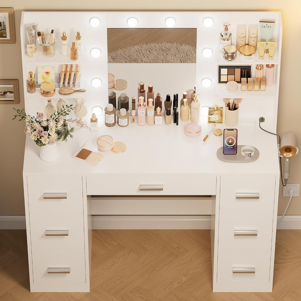 Makeup Vanity Desk with Mirror and 10 Lights, Table with 7 Drawers and 4 Open Shelves, 3 Color Modes and Adjustable