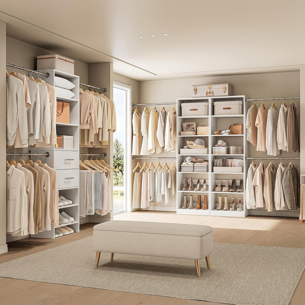 W1 Closet System, 3.5FT-7.7FT Closet Organizer System with 4 Chrome-Plated Telescopic Rods & 6 Adjustable Shelves