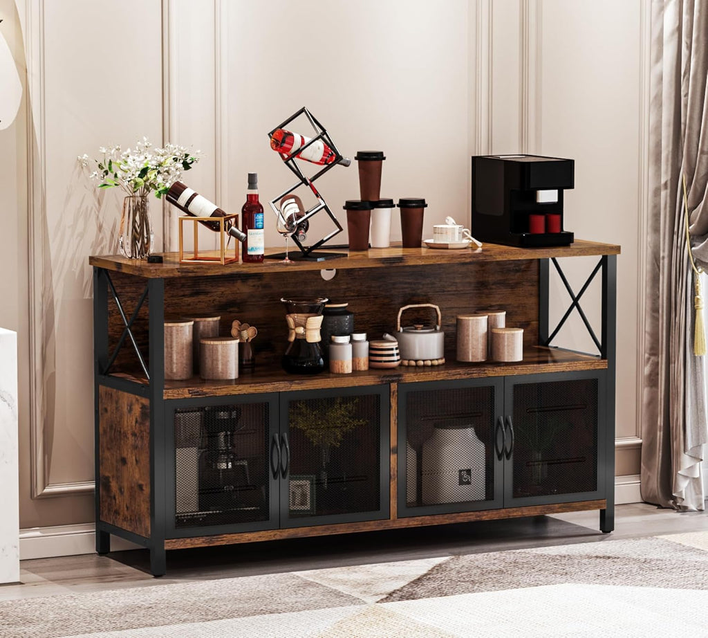 Retro Sideboard Buffet Cabinet with Power Outlet & USB Port, Industrial Wood Farmhouse Coffee Bar Cabinet with Storage
