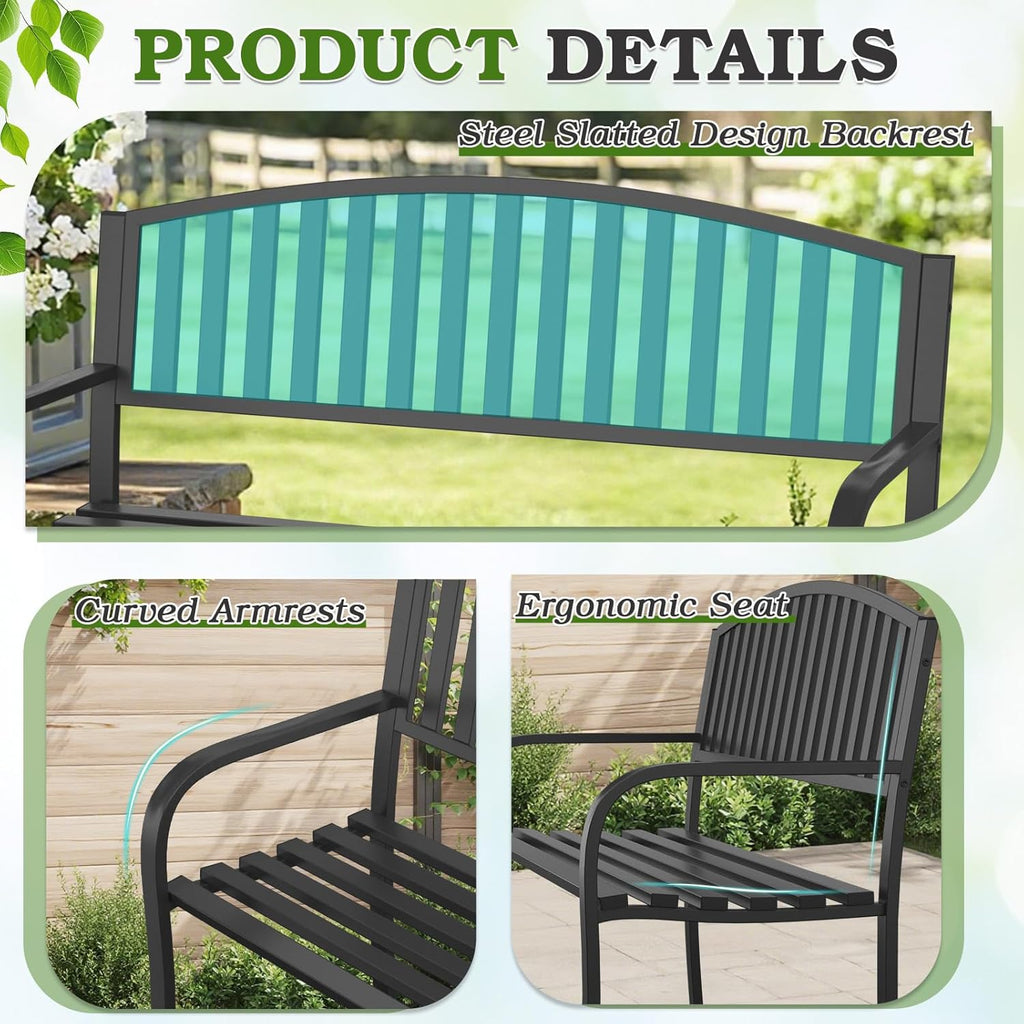 50" Outdoor Garden Bench, Iron Metal Frame Patio Bench with Backrest and Armrests, Weatherproof Anti-Rust Outdoor