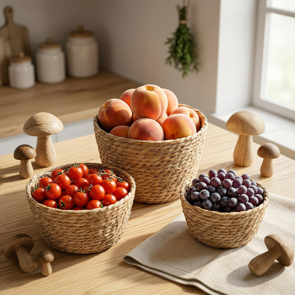 Round Woven Basket Set, 3 Decorative Storage Baskets | Three nesting round woven baskets add open storage and natural