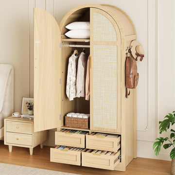 Armoire Wardrobe Closet with 4 Drawers - Wood Bedroom Armoires and Wardrobes with Rattan Doors for Hanging Clothes