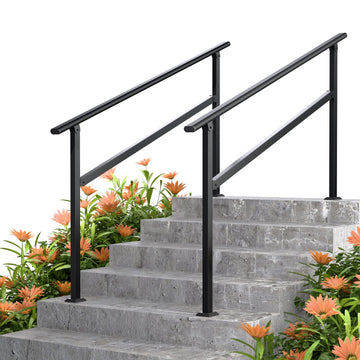 Hand Rails for Outdoor Steps, 2 Pack 4 Step Stair Handrail, Galvanized Steel Railing, Black Round Exterior Handrails