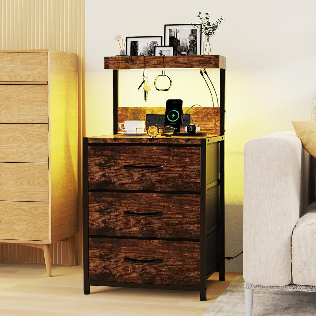Nightstands Set of 2, End Table with LED Light and Charging Station Type C, 3 Drawers Storage Night Stand with Hooks