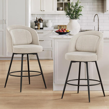26''H Swivel Bar Stools Set of 2, Counter Height Bar Stools with Backs, Lumbar Pillow and Black Metal Frames
