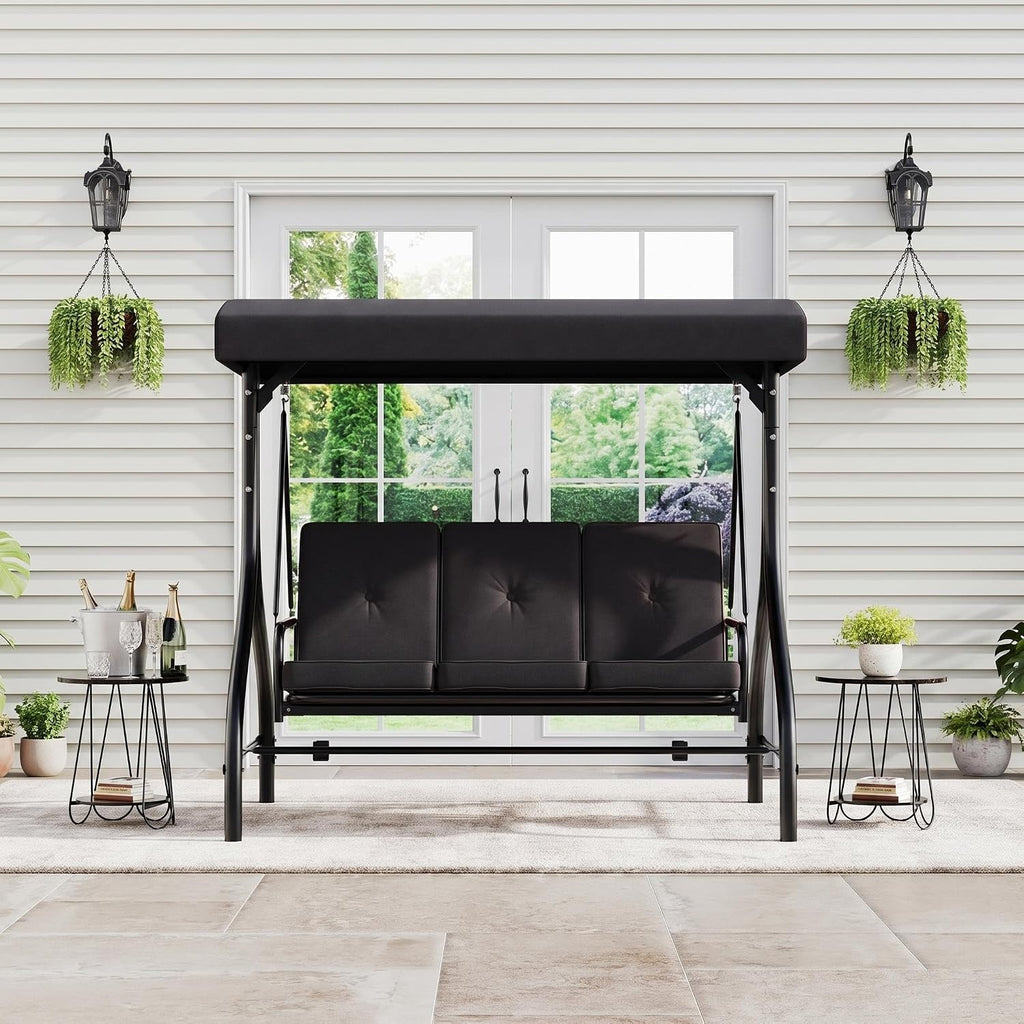 3-Seat Outdoor Porch Swing with Adjustable Canopy | Patio Swing Chair with Stand, 800 Lbs Heavy Duty Steel Frame