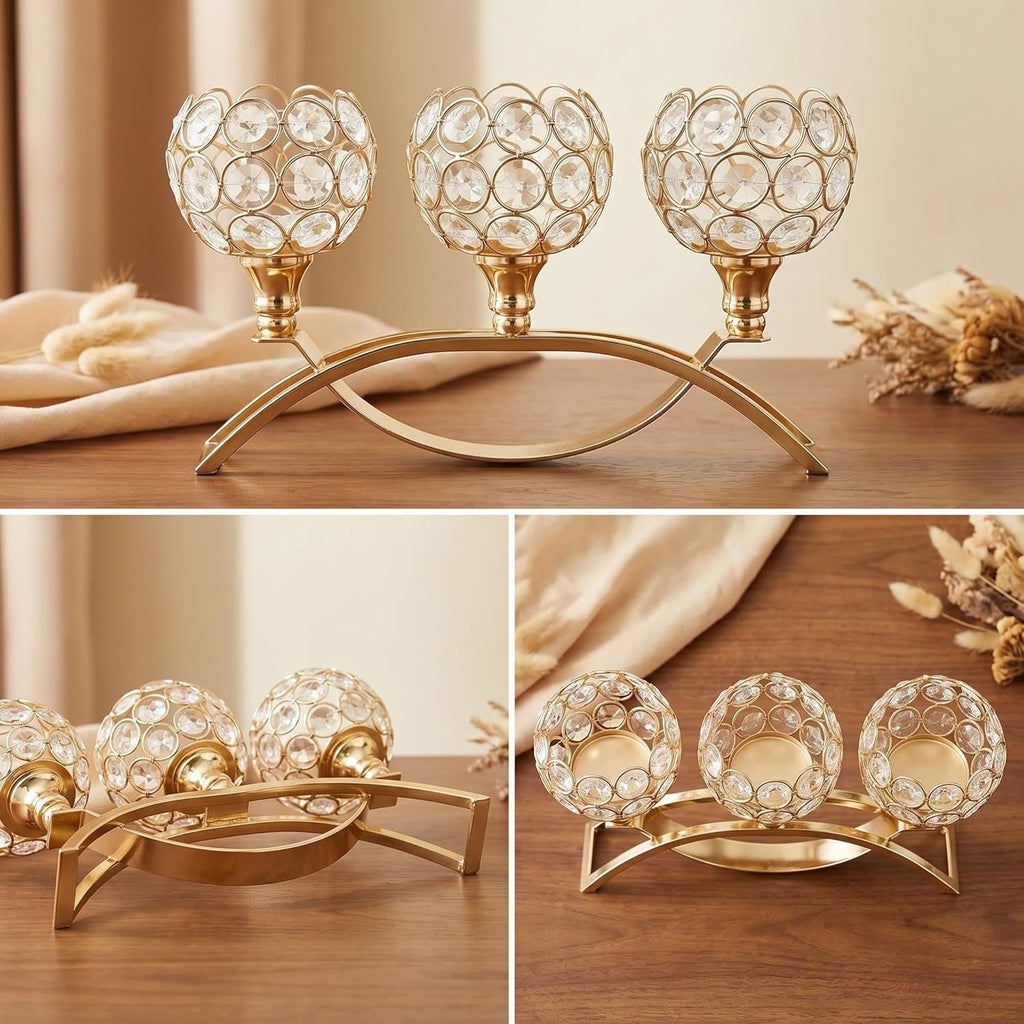3-Arm Arched Crystal Candelabra, Gold Candle Holder Table Centerpiece, Dining, Party, Thanksgiving & Christmas