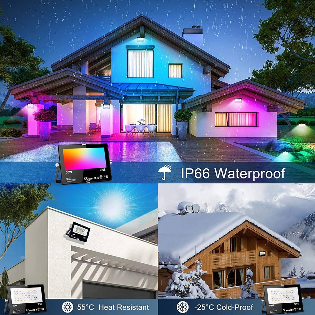 Flood Lights Outdoor RGB, 500W Equivalent Smart Color Change & Daylight 5700K Landscape Light, IP66 Waterproof Patio