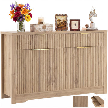 55" Fluted Sideboard Buffet Cabinet with Drawers, Natural Oak