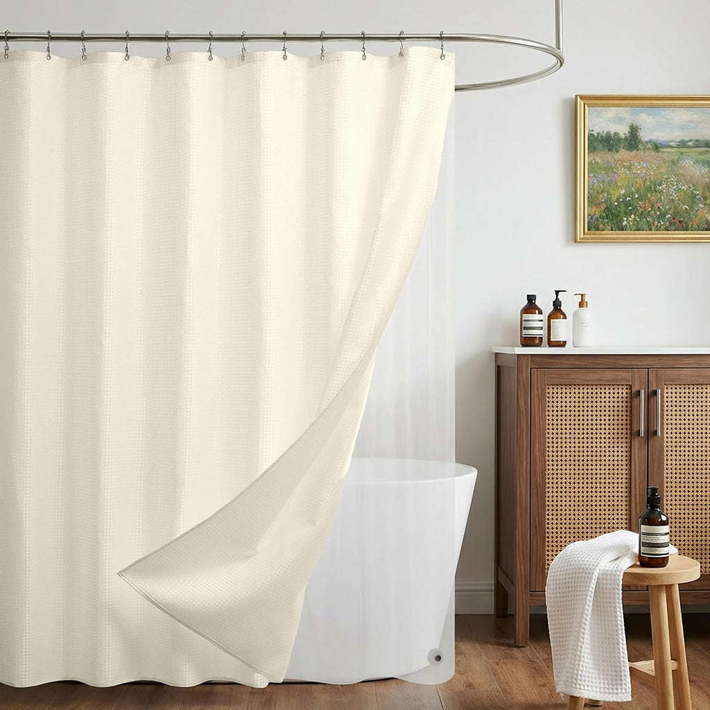 Shower Curtain and Liner Set, Waffle Shower Curtain Set with 12 Stainless Steel Hooks, Waterproof Luxury Fabric