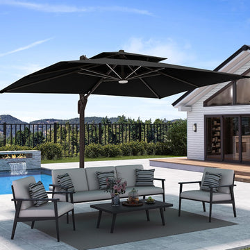 9' X 12' Patio Umbrella with LED Lights Outdoor Cantilever Large Rectangle Offset Umbrellas Heavy Duty Aluminum Double